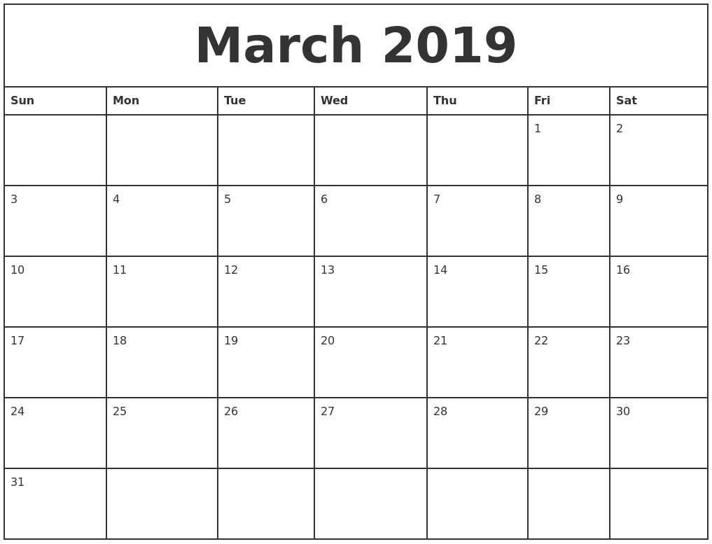 March 2019 Printable Monthly Calendar