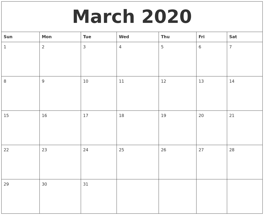 March 2020 Blank Monthly Calendar Template