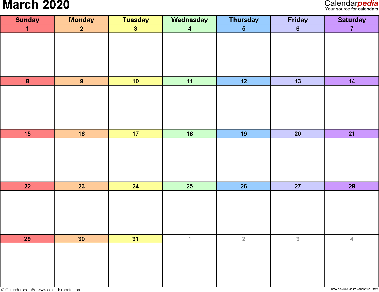 March 2020 Calendars For Word, Excel &amp; Pdf