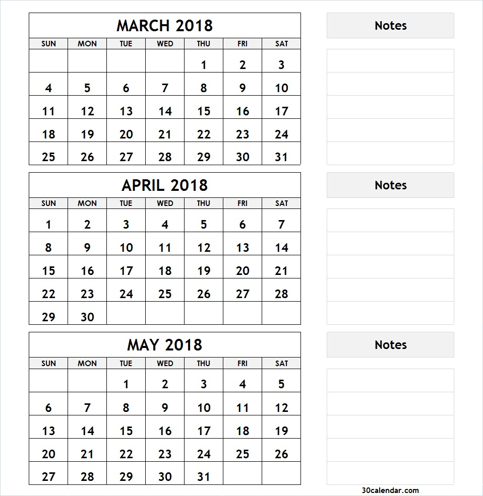 March April May 2018 Calendar Printable | 3 Month Calendar