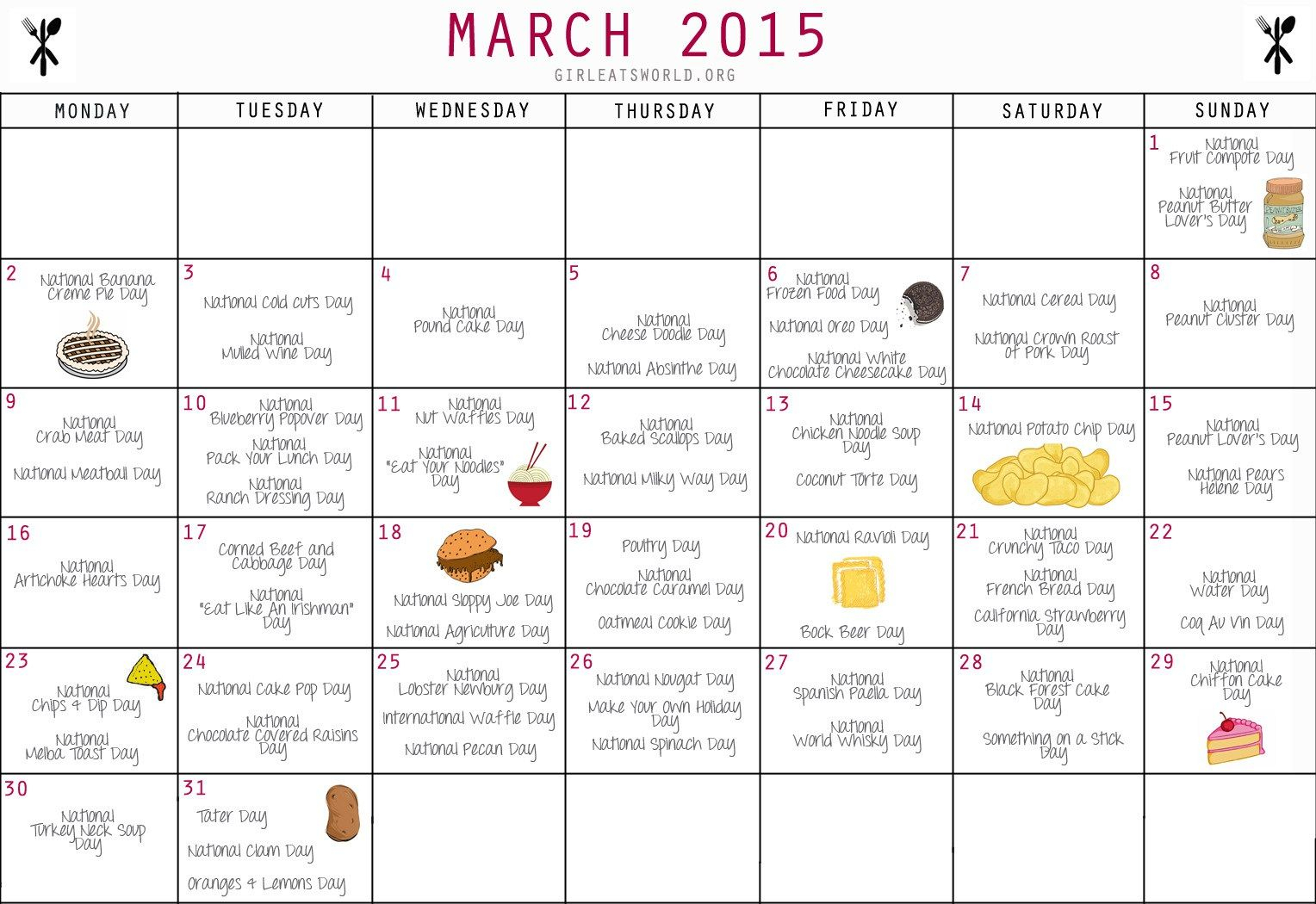 Printable 2020 National Food Holiday Calendar Example