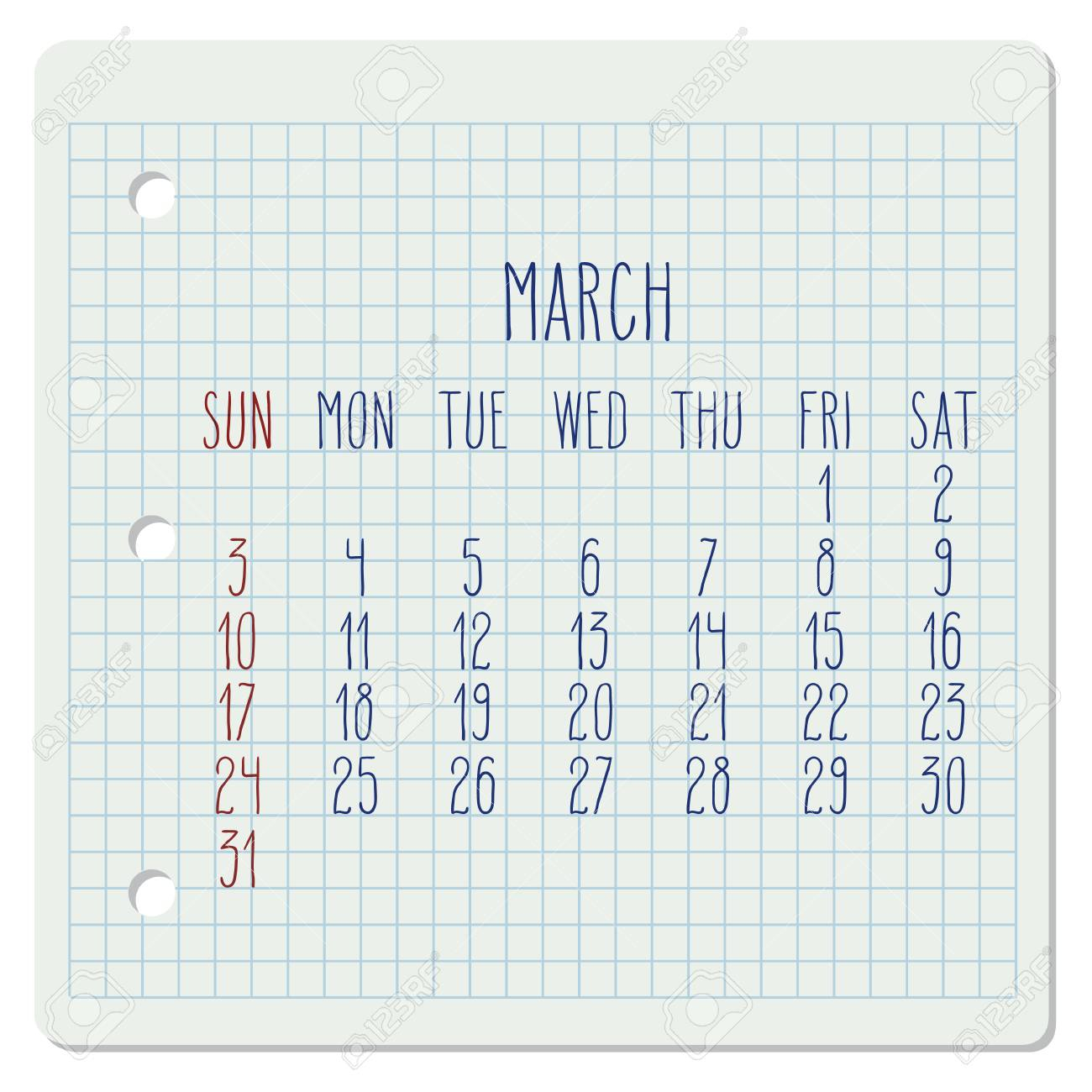 March Year 2019 Vector Monthly Calendar On A Chequered Notebook..