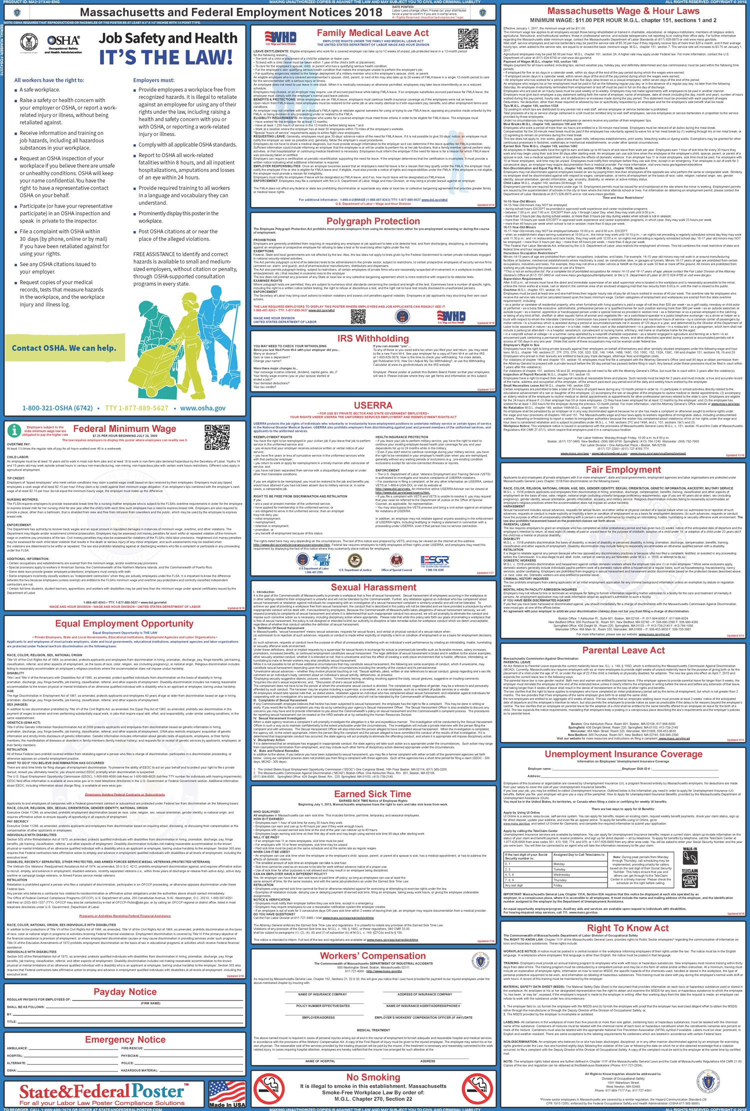 Massachusetts State And Federal Labor Law Poster 2019