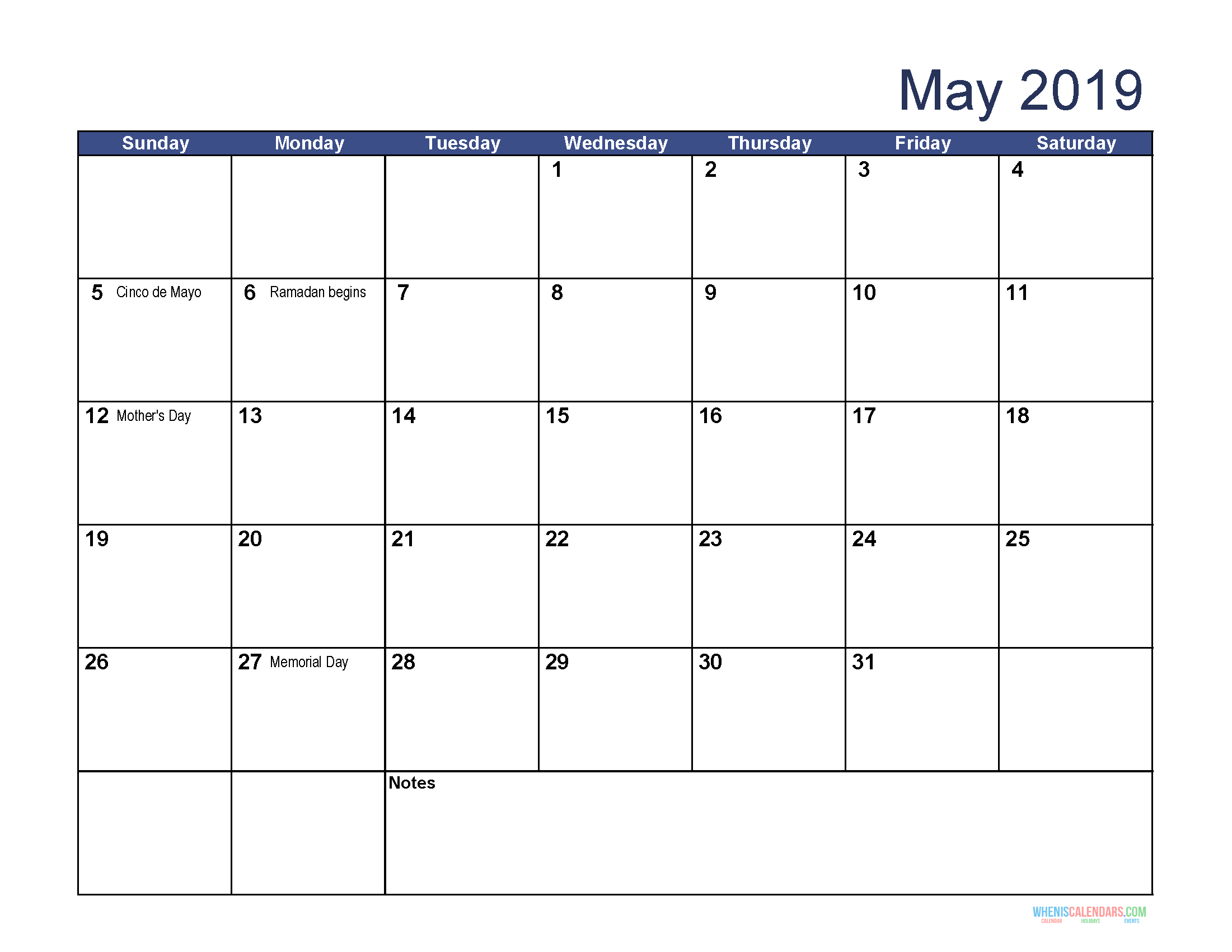 May 2019 Calendar With Holidays Usa, Uk, Canada, India