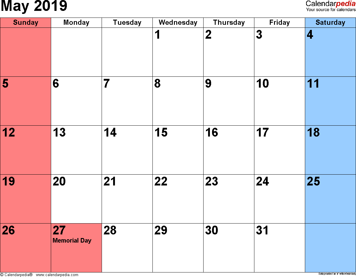 May 2019 Calendars For Word, Excel &amp; Pdf