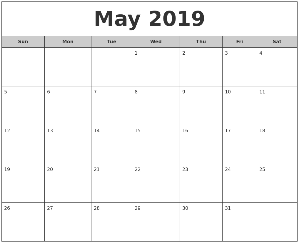 May 2019 Free Monthly Calendar