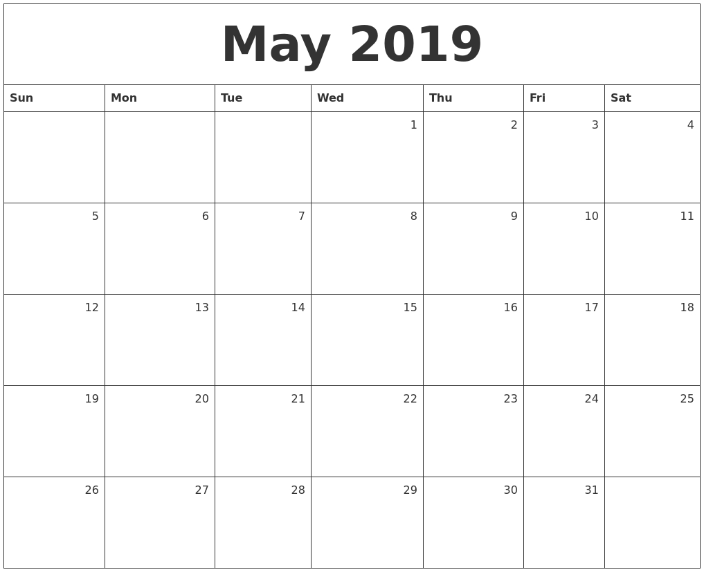 May 2019 Monthly Calendar