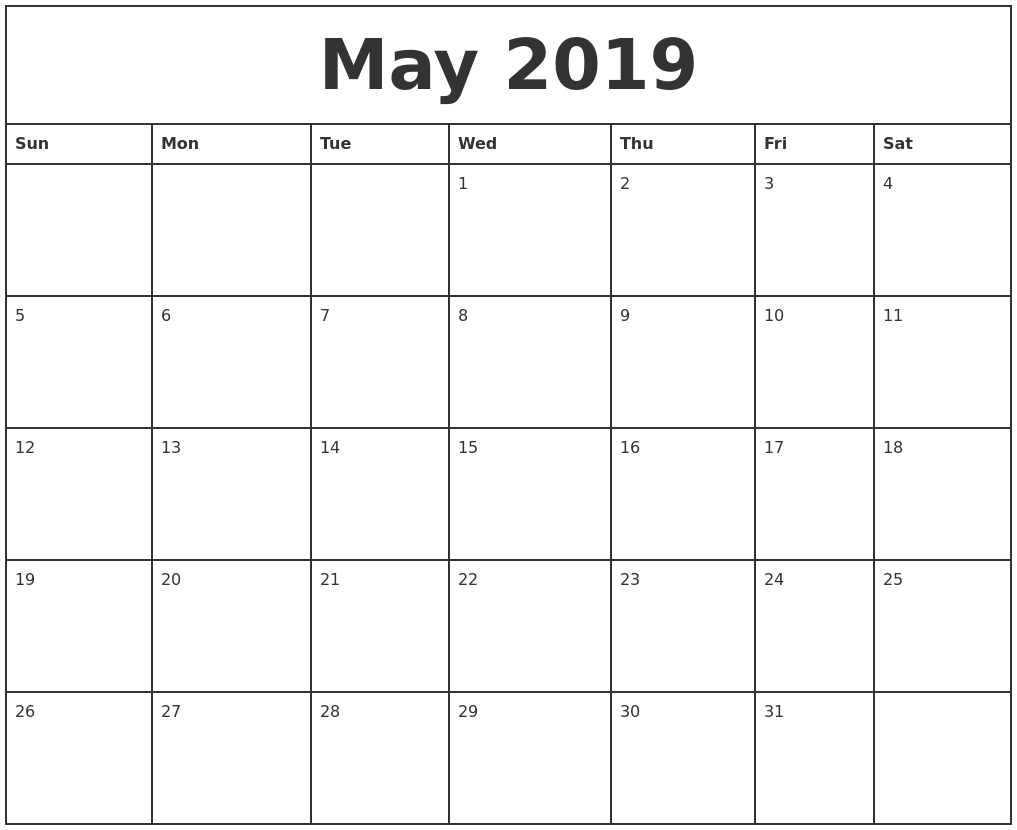 May 2019 Printable Monthly Calendar