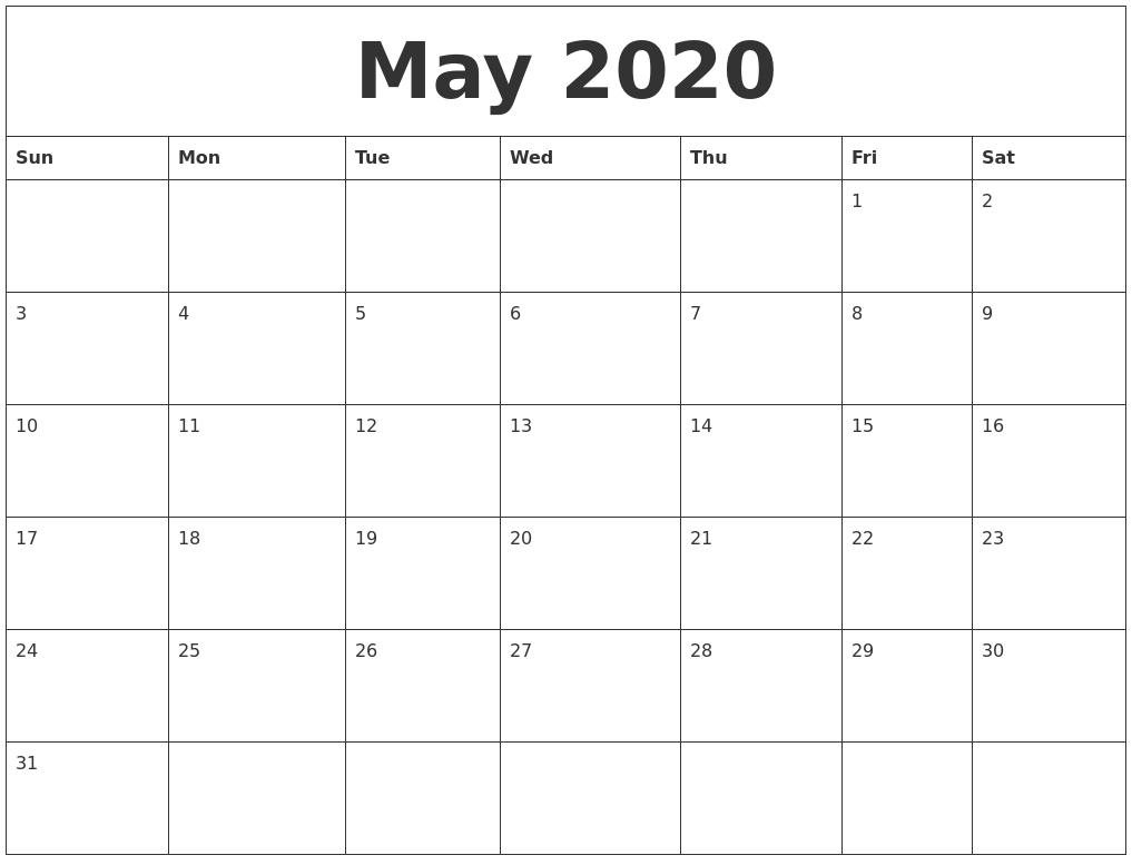 May 2020 Blank Monthly Calendar Template