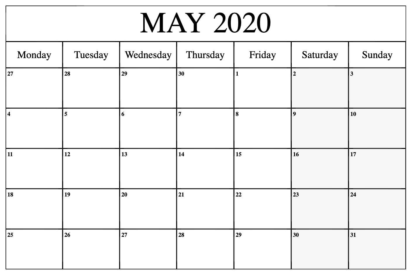 May 2020 Calendar Printable Template With Holidays