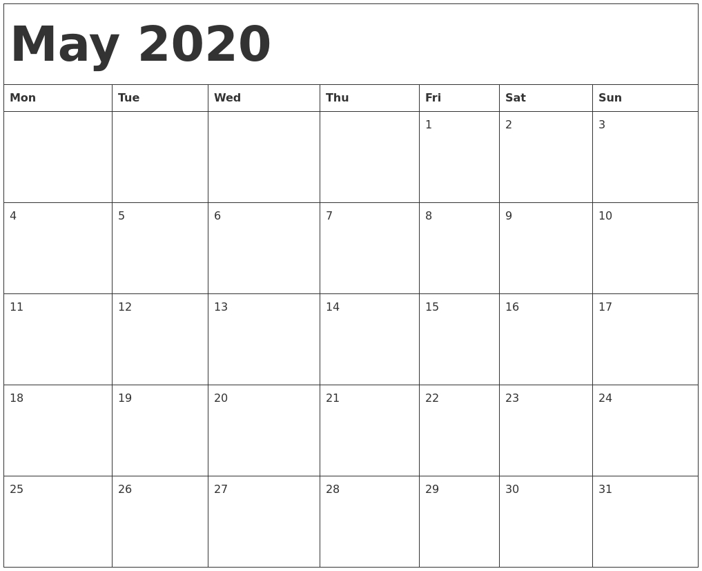 May 2020 Calendar Template