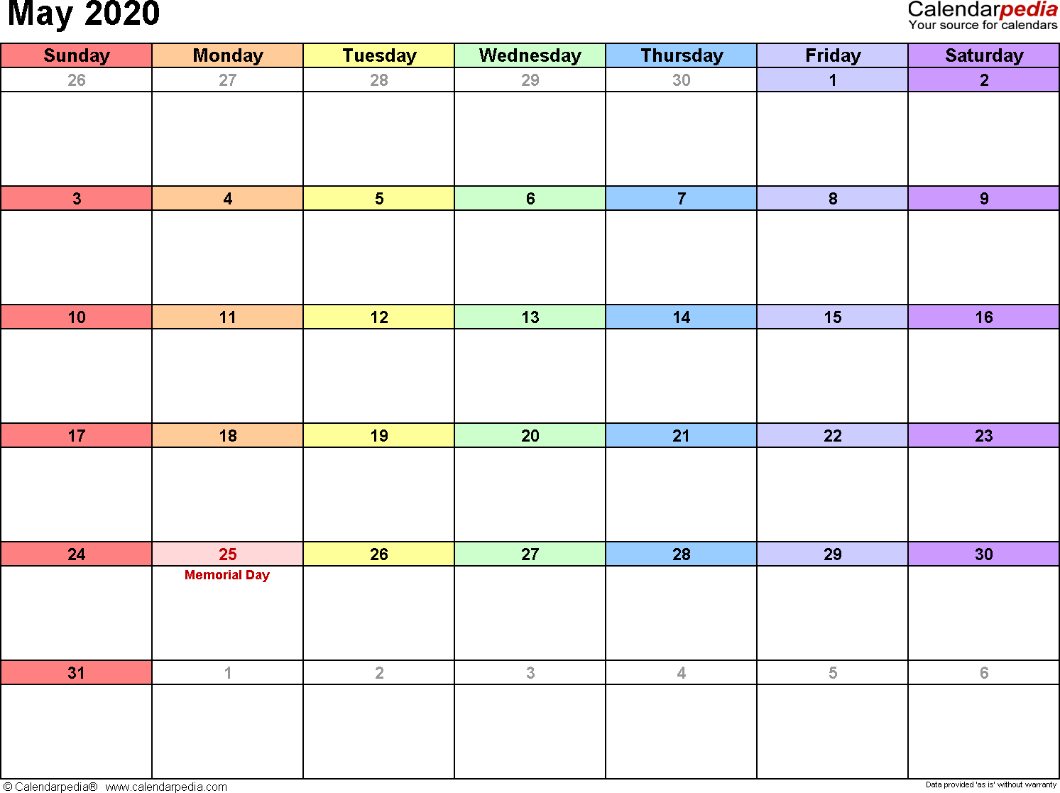 May 2020 Calendars For Word, Excel &amp; Pdf