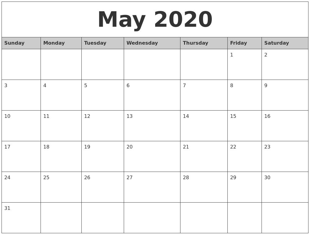 May 2020 Monthly Calendar Printable