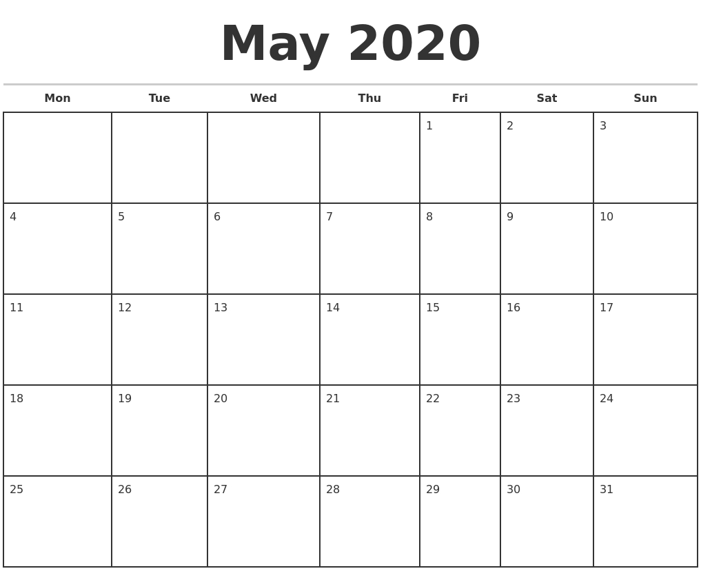 May 2020 Monthly Calendar Template