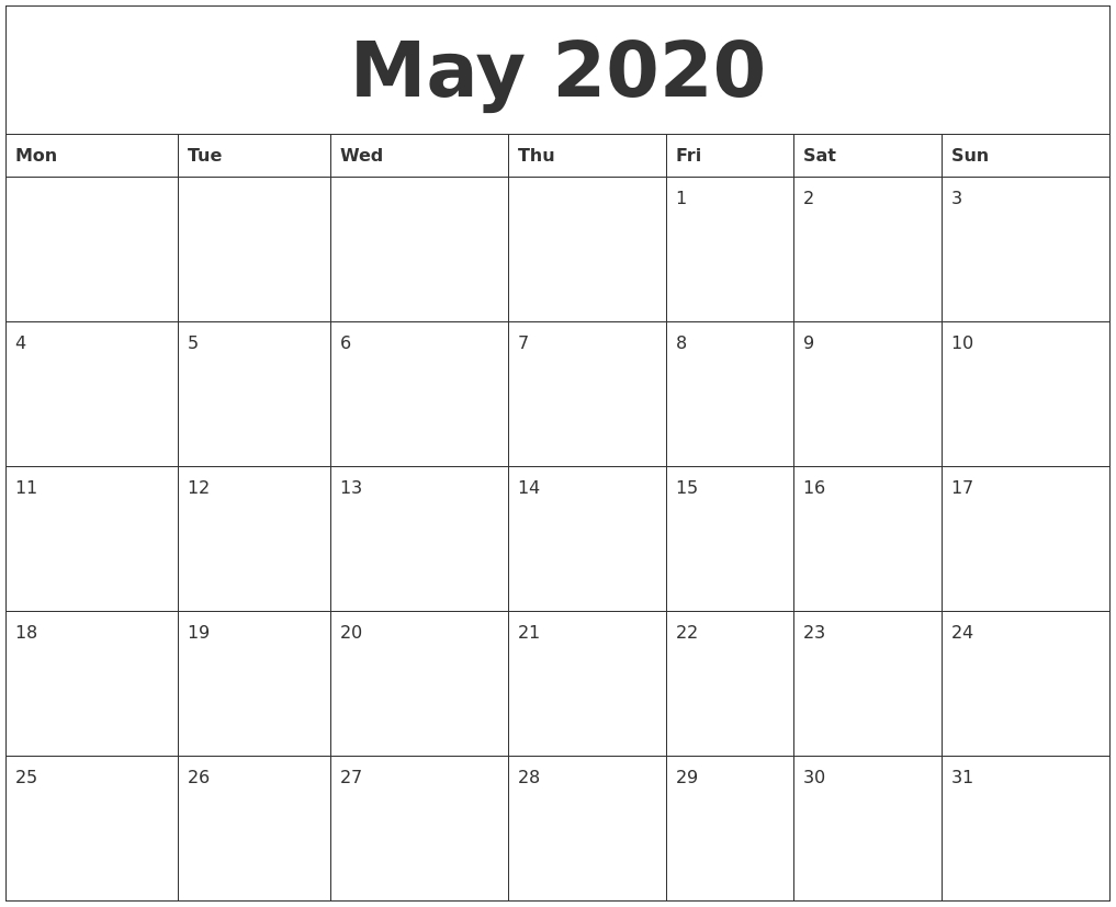 May 2020 Monthly Printable Calendar