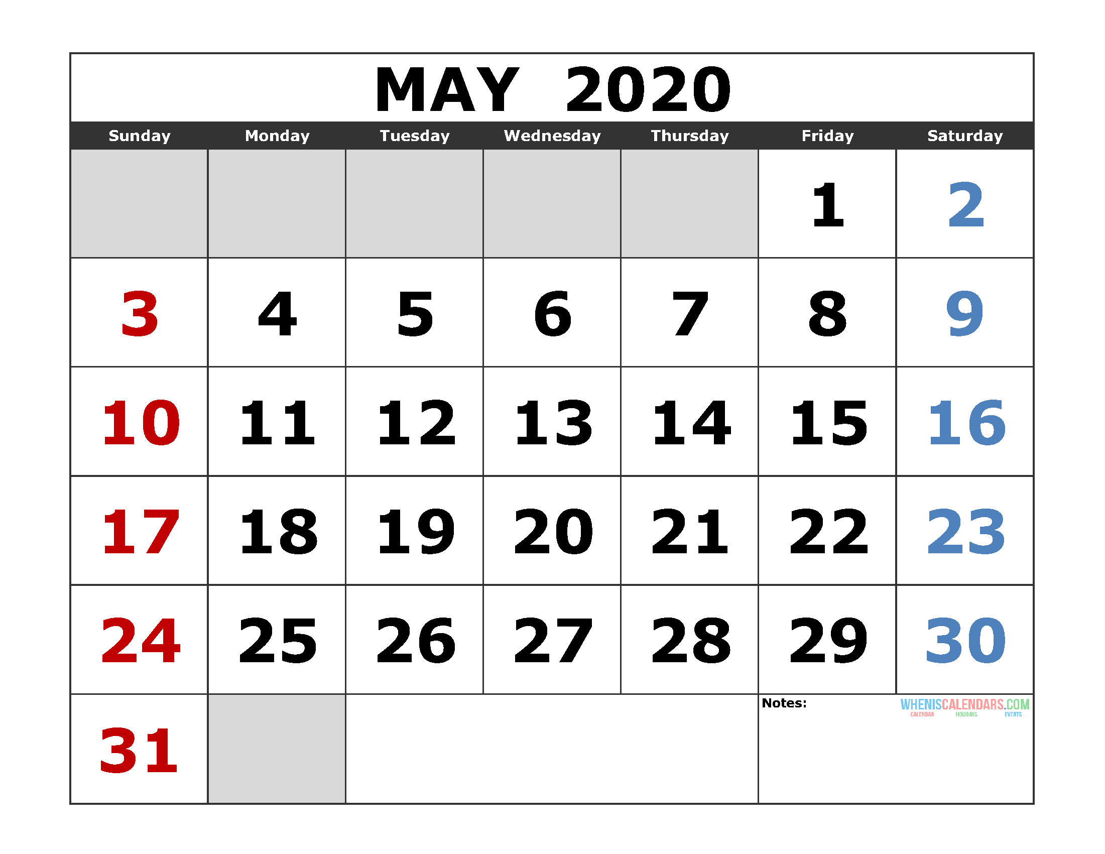 monday to sunday may 2020 template example calendar printable