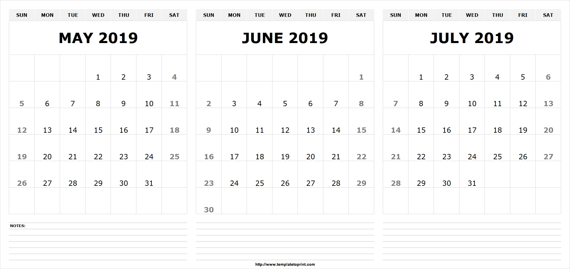 May June July 2019 Calendar (3 Months) Templates Printable