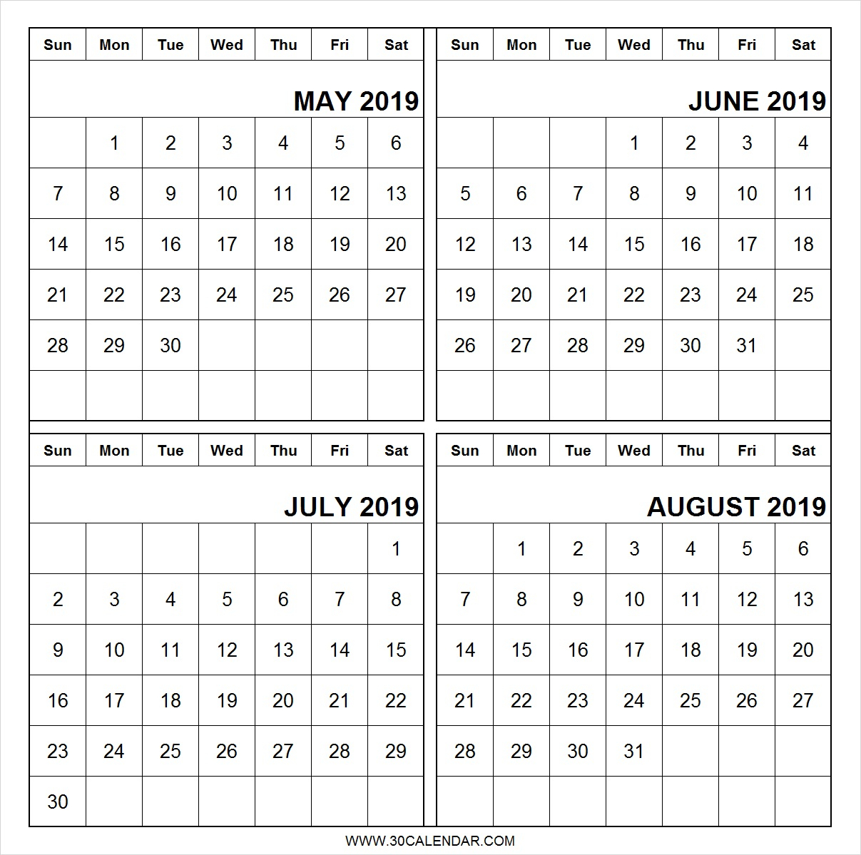 May-June-July-August-2019-Calendar-Printable - 30 Day Calendar
