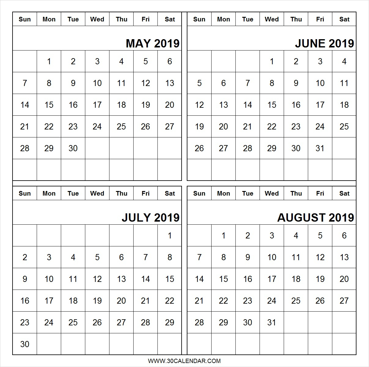 printable june july and august example calendar printable