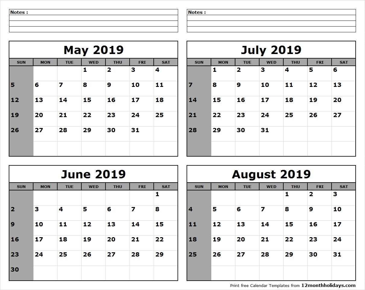 May-June-July-August-2019-Calendar-To-Print - All 12 Month
