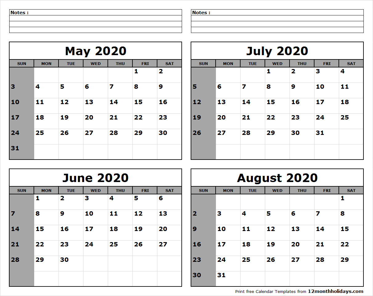 May-June-July-August-2020-Calendar-To-Print - All 12 Month