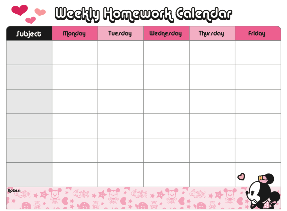 Minnie&#039;s Weekly Homework Calendar | Disney Family