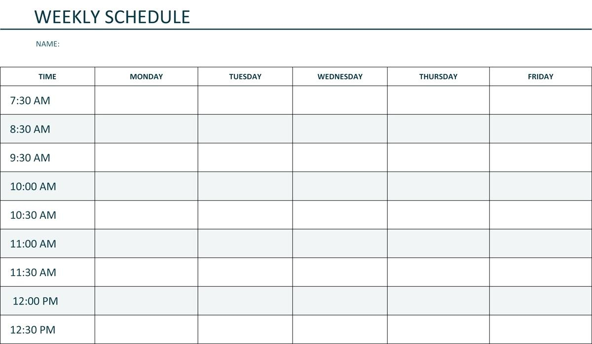 Monday Through Friday Schedule Template Hourly Weekly Time