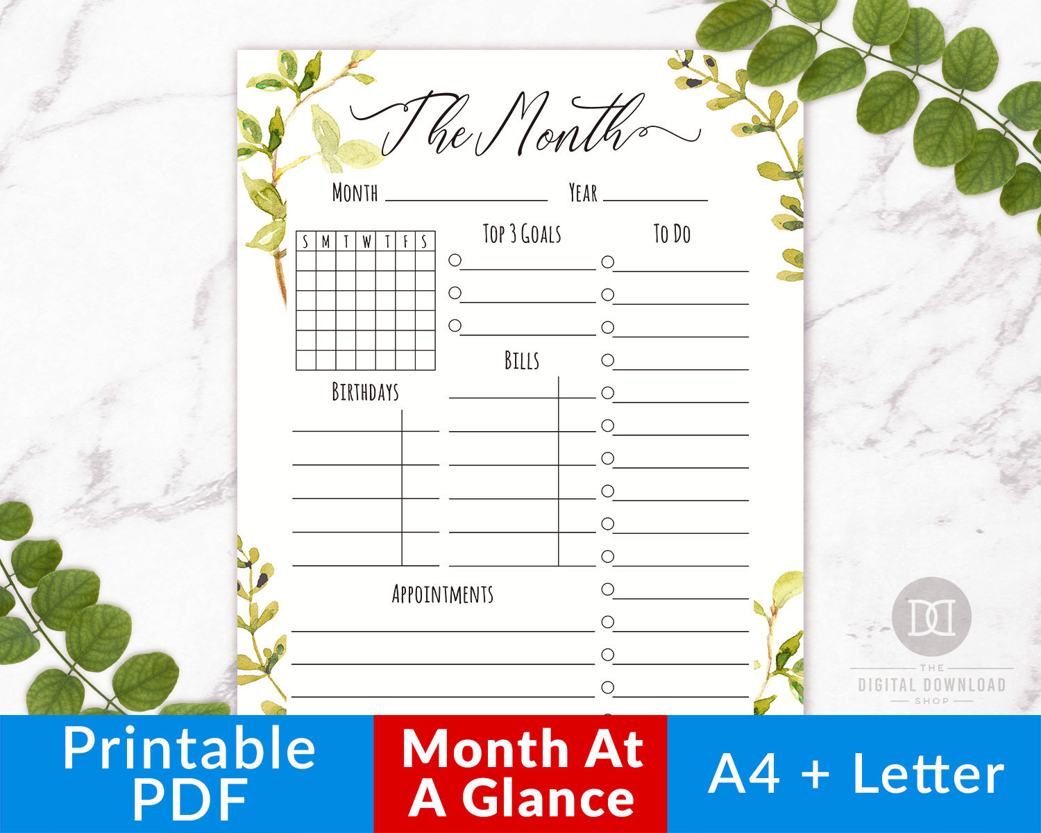 Month At A Glance Printable- Watercolor Greenery, Monthly Planner  Printable, Monthly Organizer, Monthly Calendar, Monthly To Do List Pdf