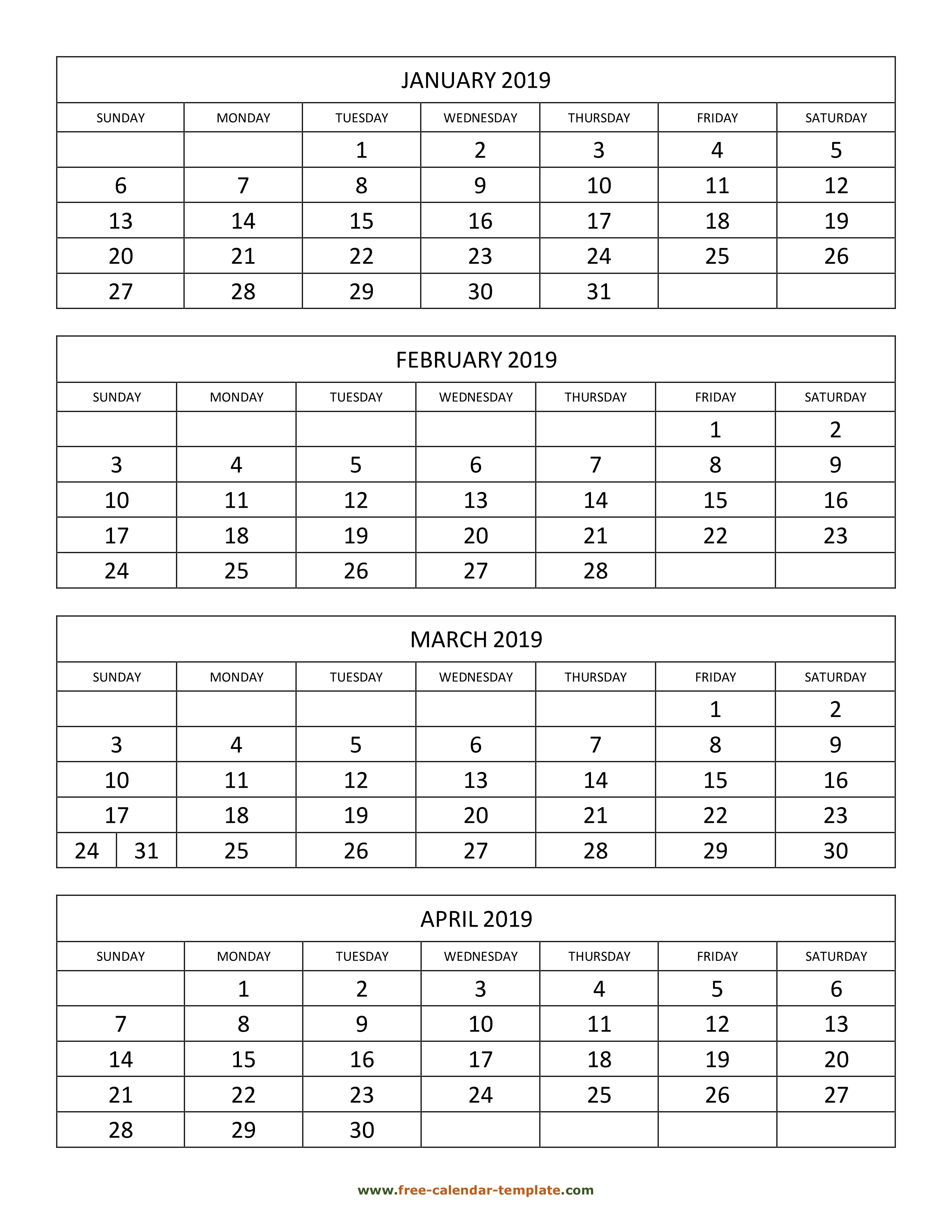 Monthly 2019 Calendar 4 Months Per Page (Vertical) | Free