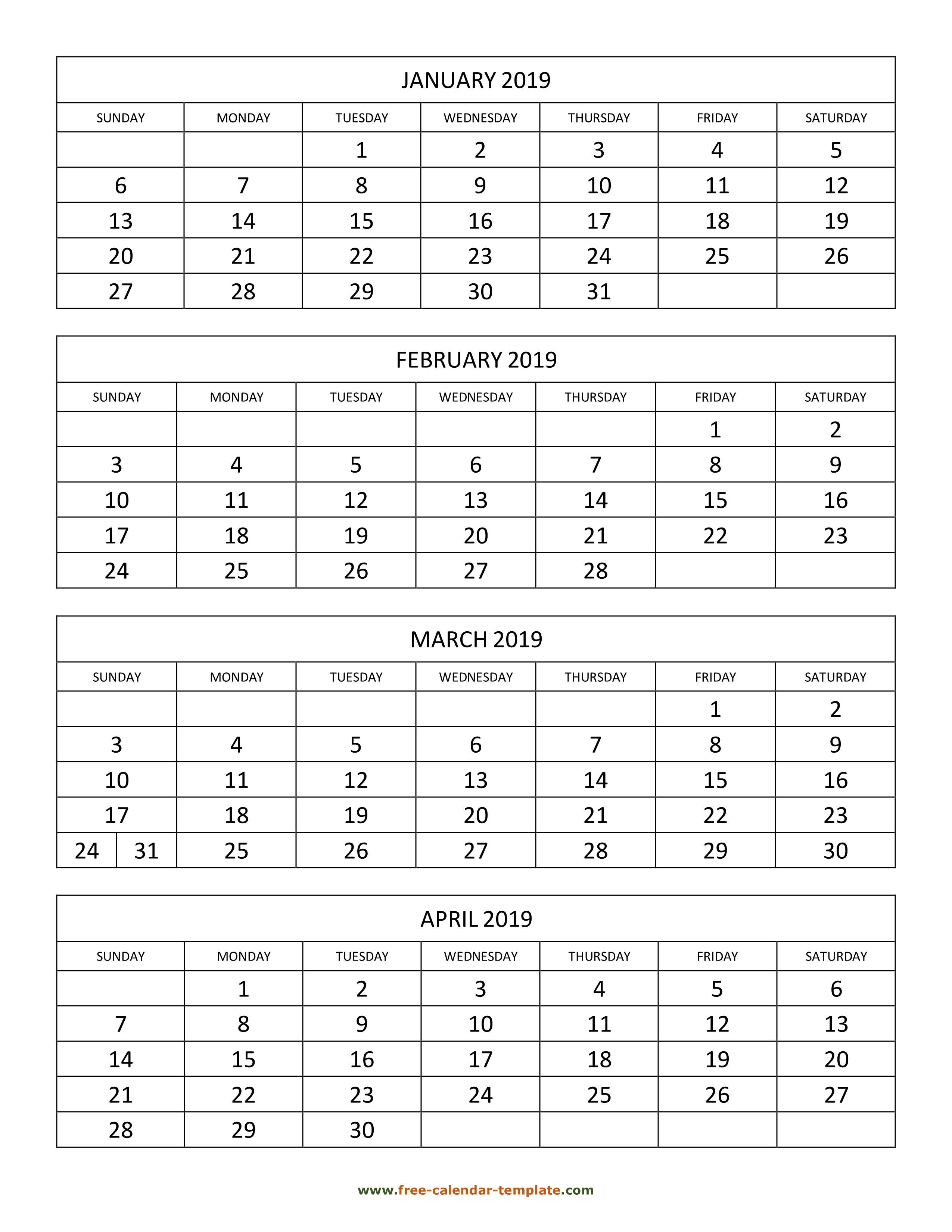 Free Calendar Template 4 Months To A Page Example Calendar Printable