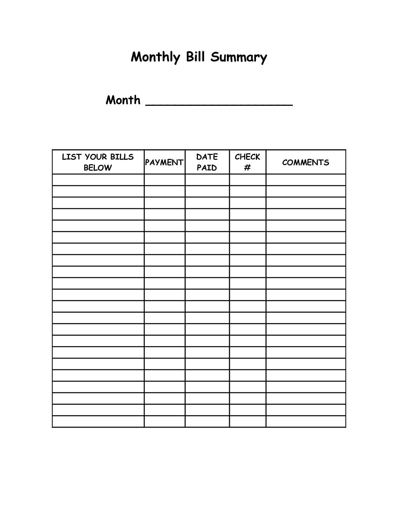 Monthly Bill Summary Doc | Organization | Organizing Monthly