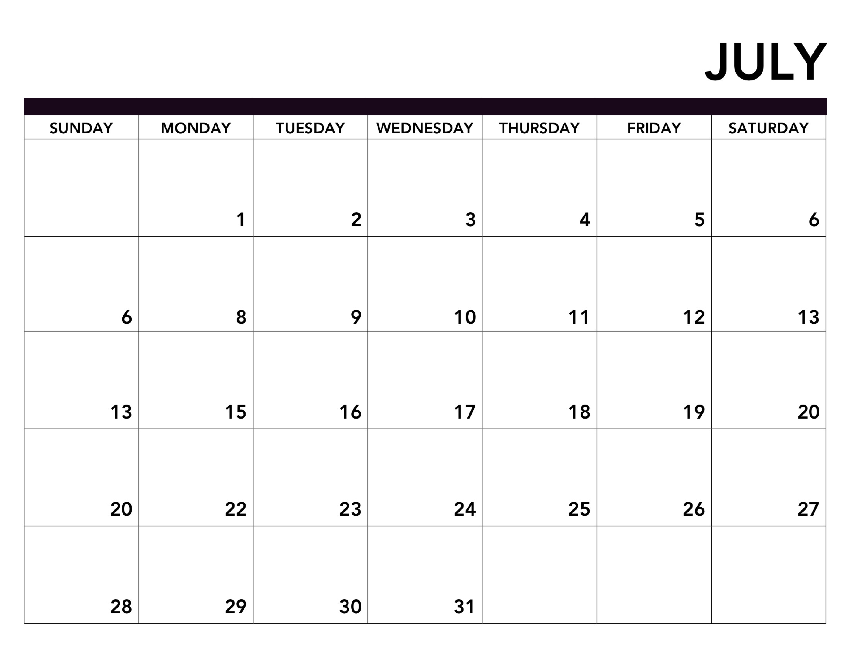 Monthly Blank Calendar July 2019 Printable Template