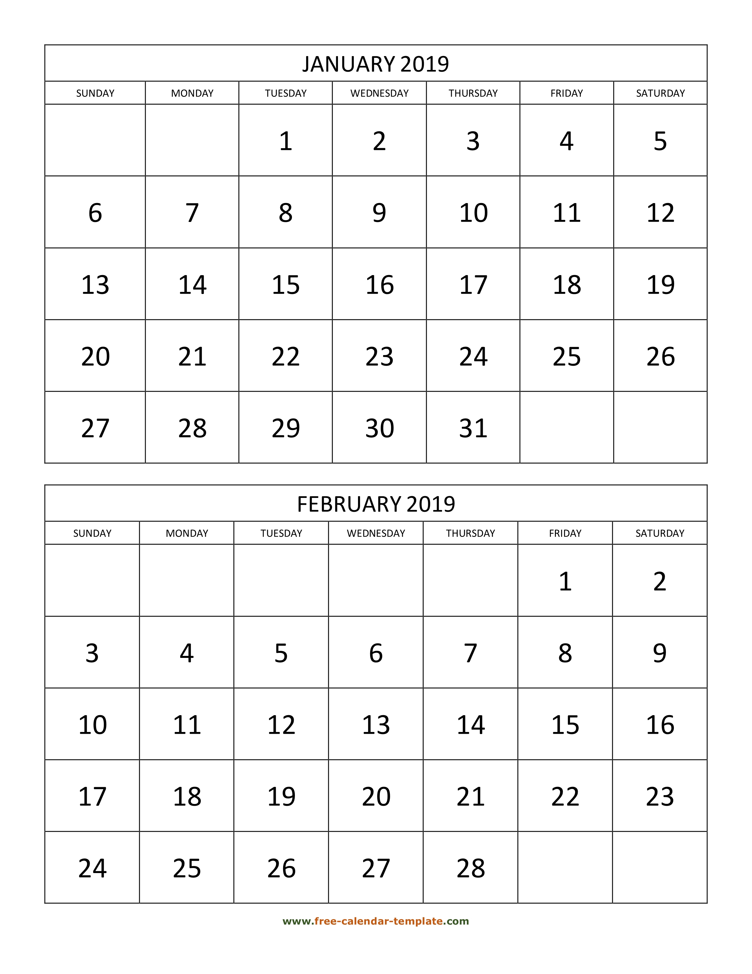 Monthly Calendar 2019, 2 Months Per Page (Vertical) | Free