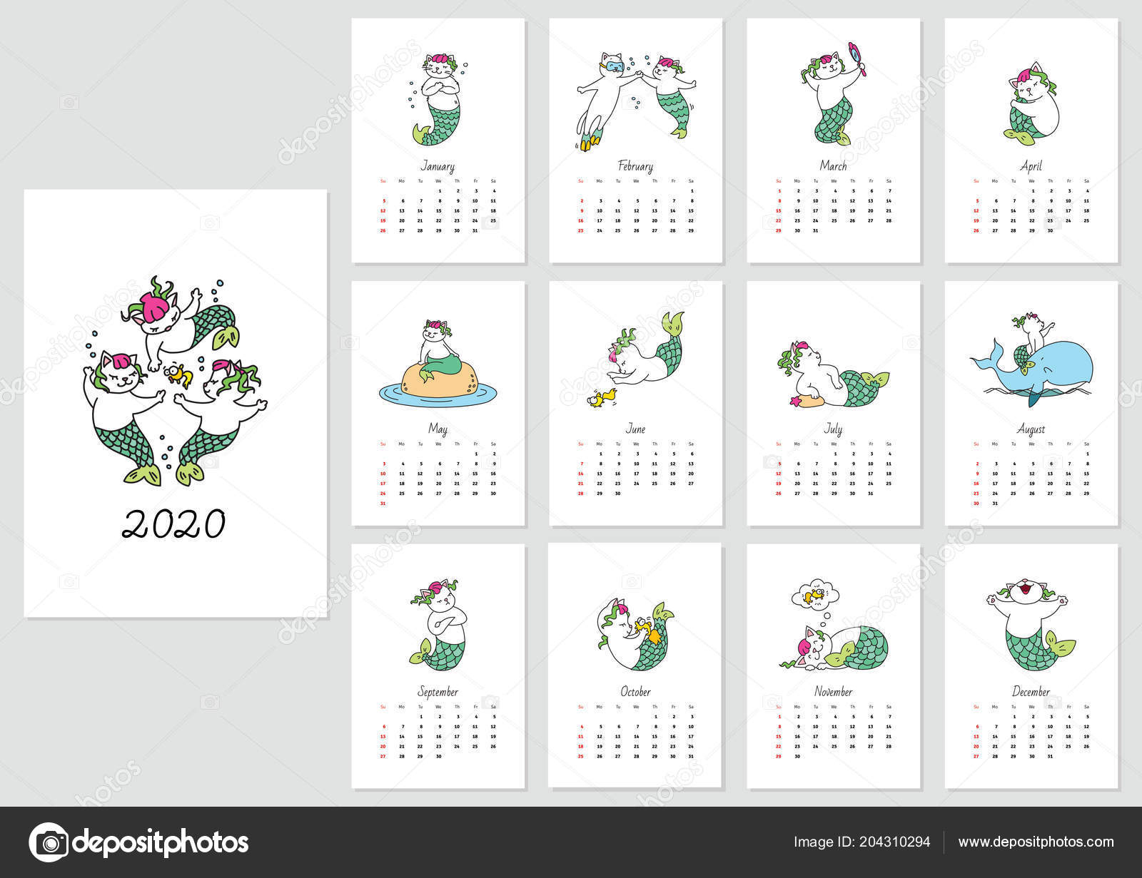 Monthly Calendar 2020 Template Cute Cat Mermaids Vector