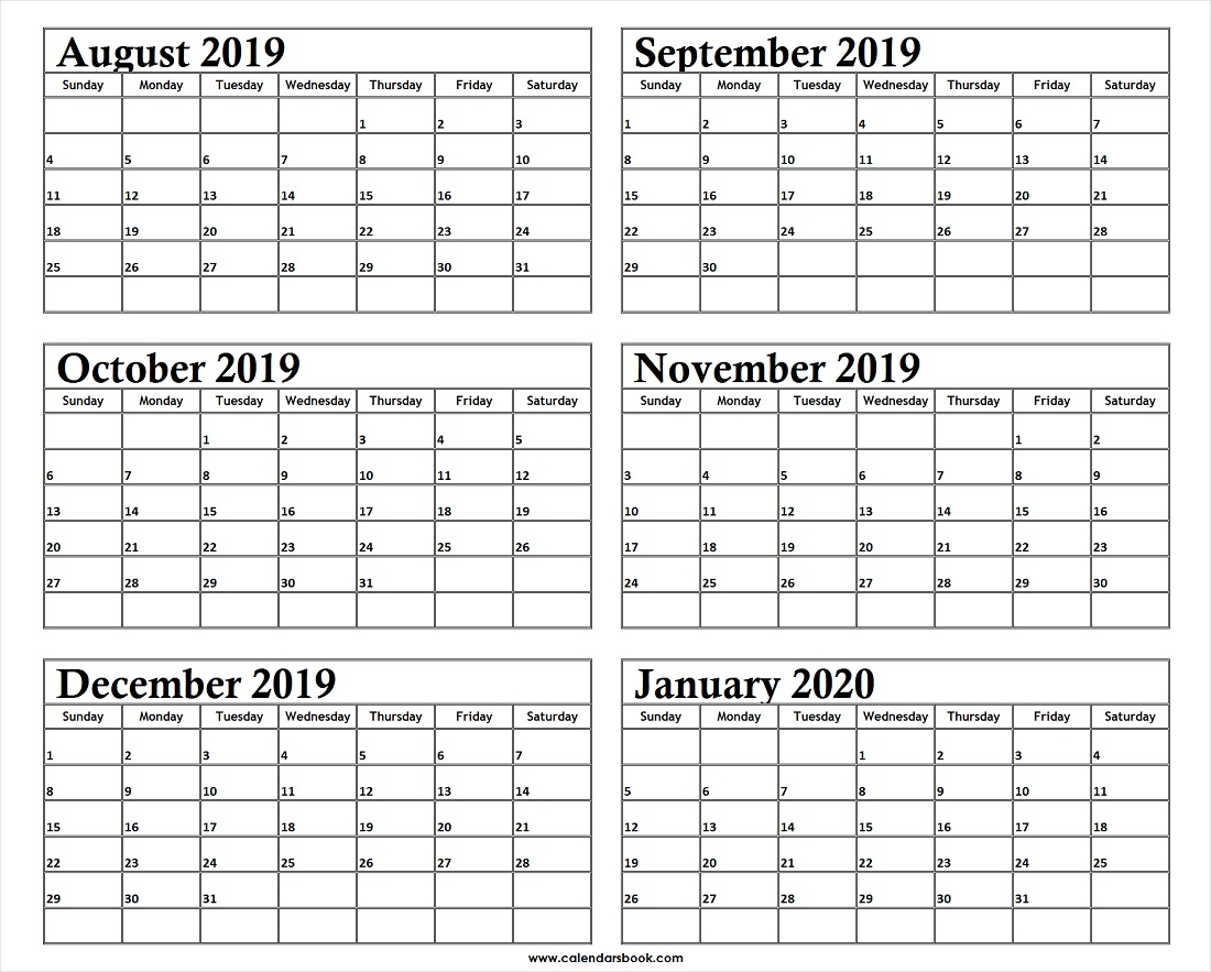 Monthly Calendar Aug Sep Oct Nov Dec 2019 Jan 2020 Printable