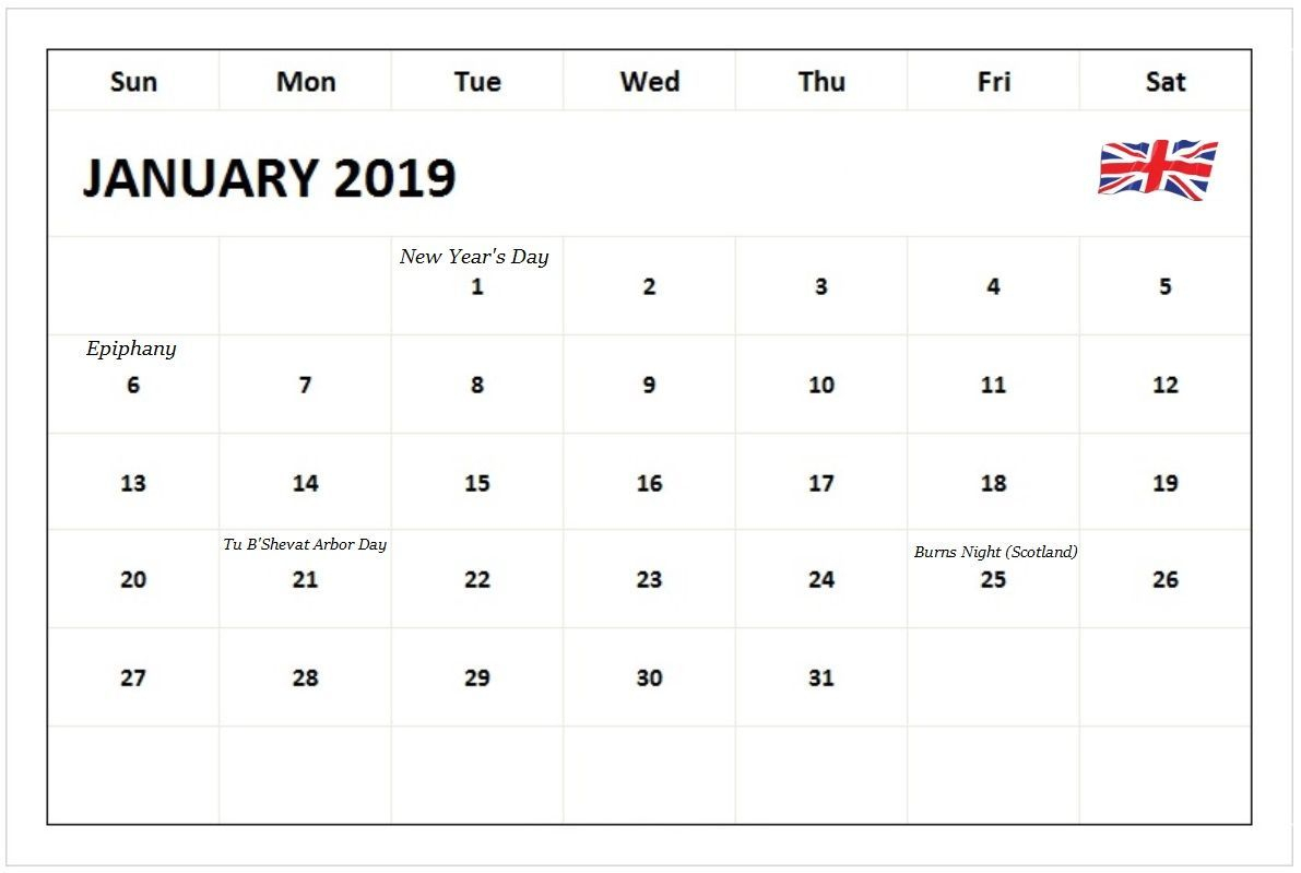 Monthly Calendar January 2019 Uk Holidays #januarycalendar