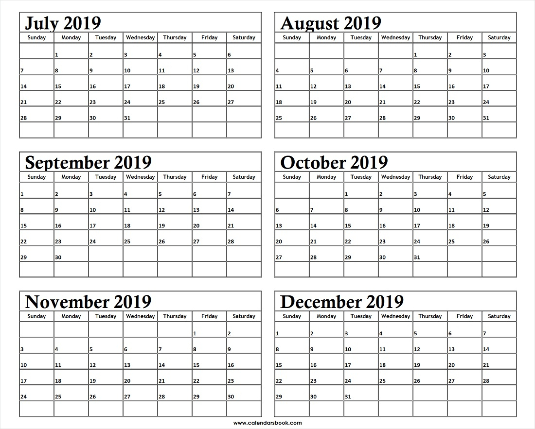 Monthly Calendar Jul Aug Sep Oct Nov Dec 2019 Template | 6
