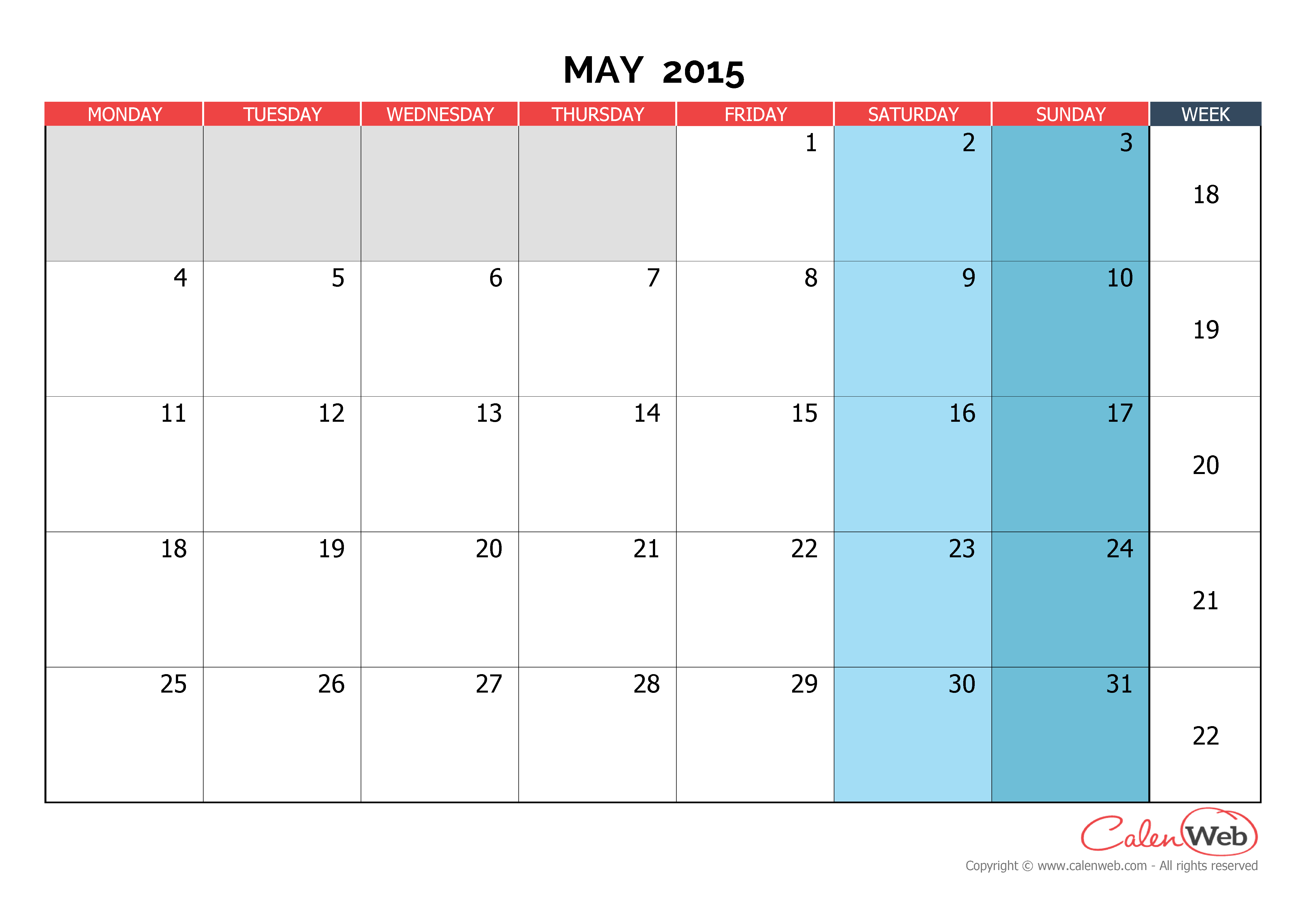 Monthly Calendar - Month Of May 2015 The Week Starts On