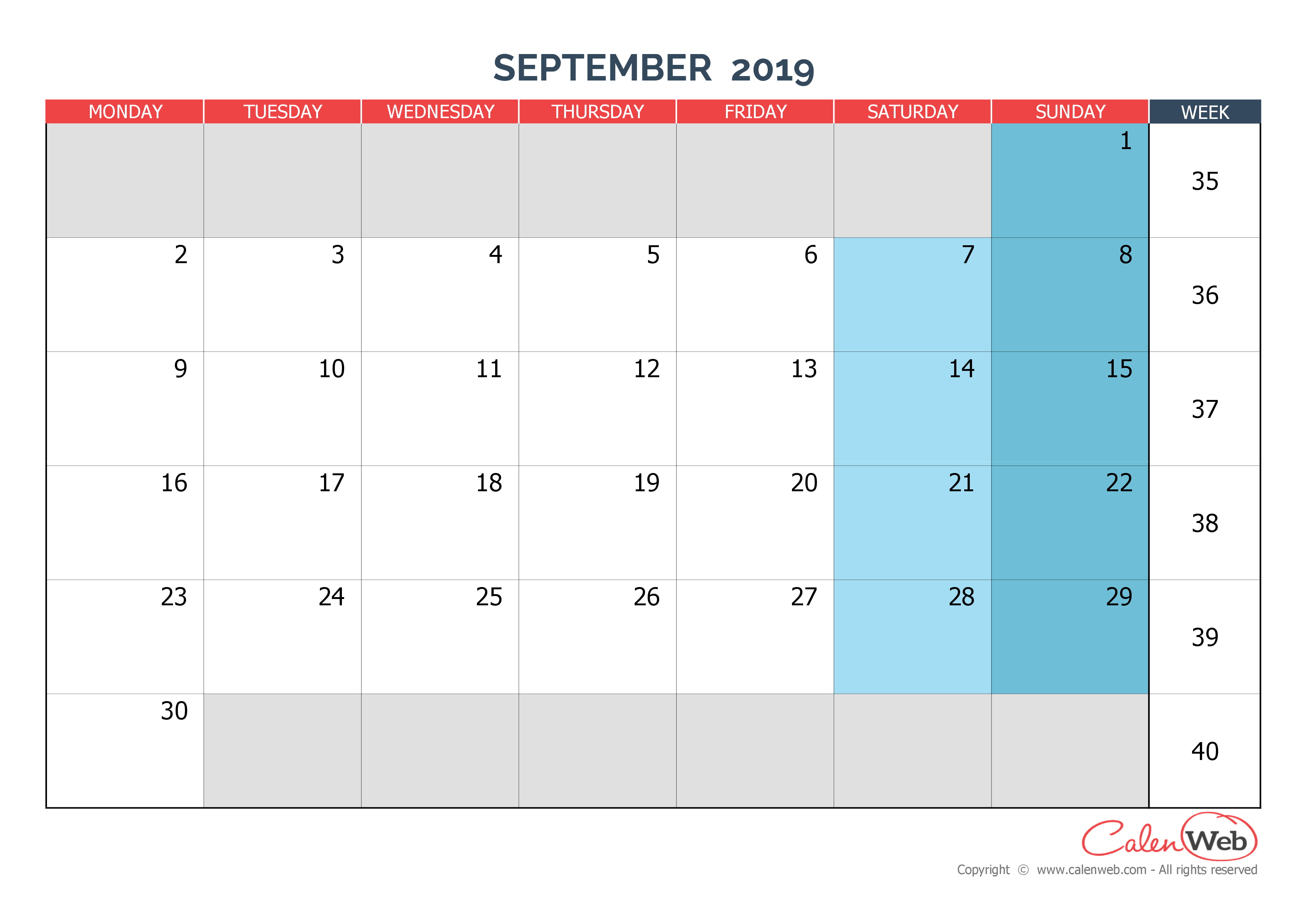Monthly Calendar - Month Of September 2019 The Week Starts