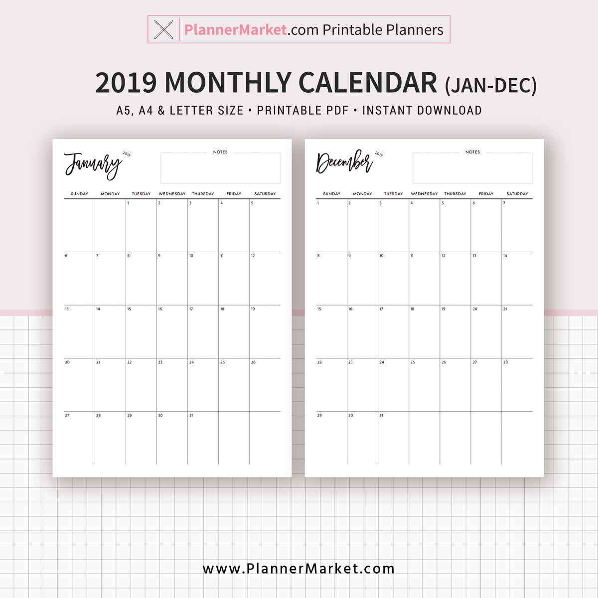 Monthly Calendar, Monthly Planner, 2019 Calendar, A5, A4, Letter Size,  Refills, Planner Binder, Instant Download