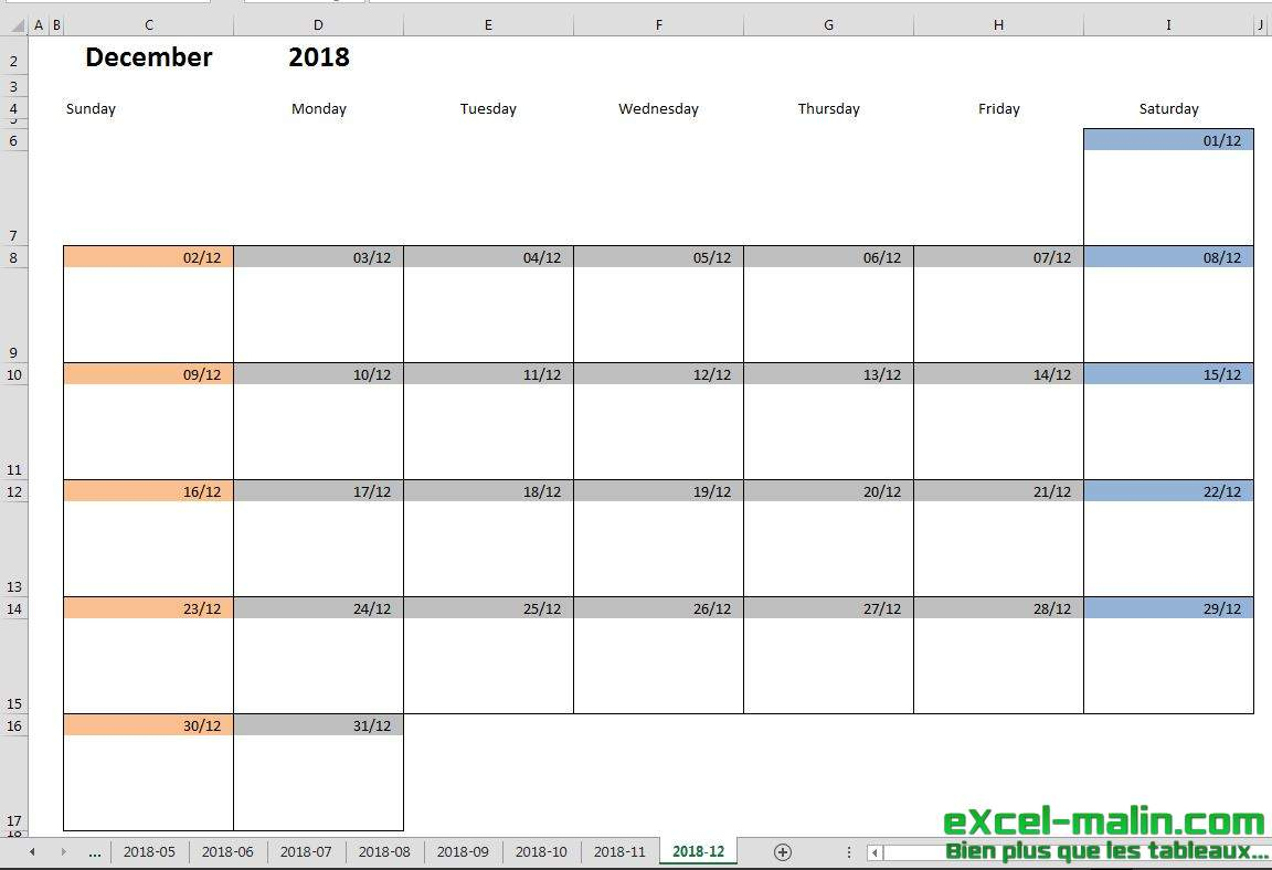 12 Month Calendar Excel Template 2023