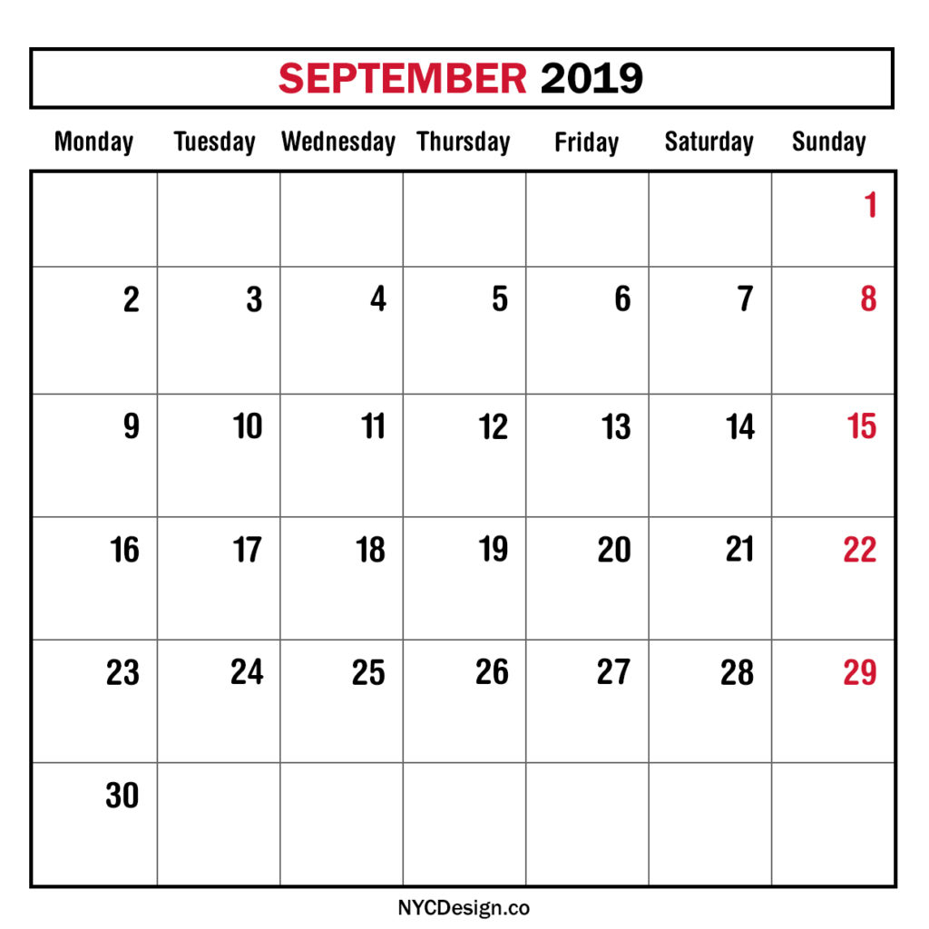 Monthly Calendar September 2019, Monthly Planner, Printable