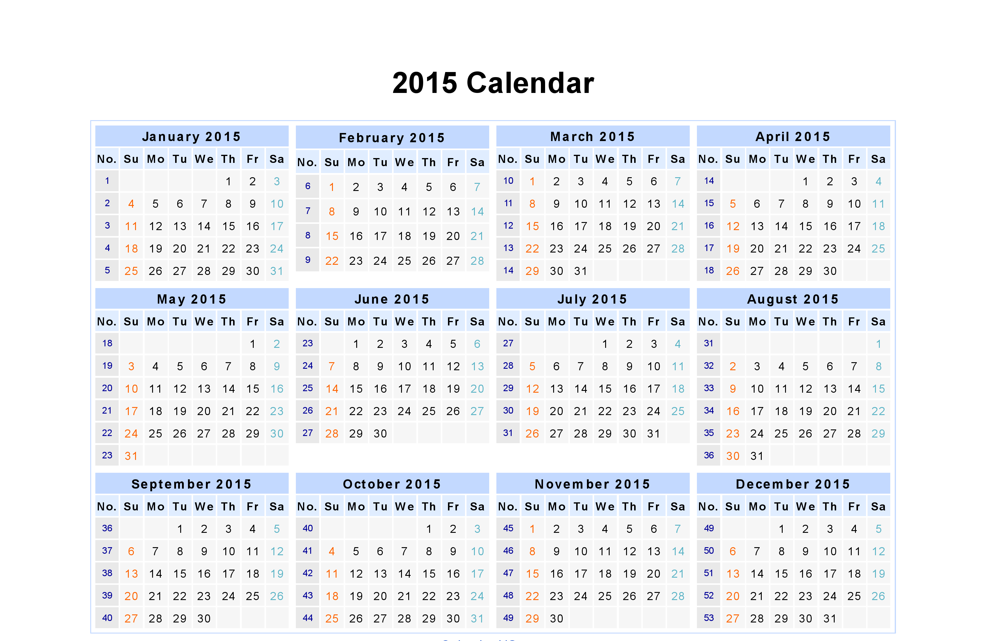 Monthly Date Wise Calendar Year 2015 | History | Excel