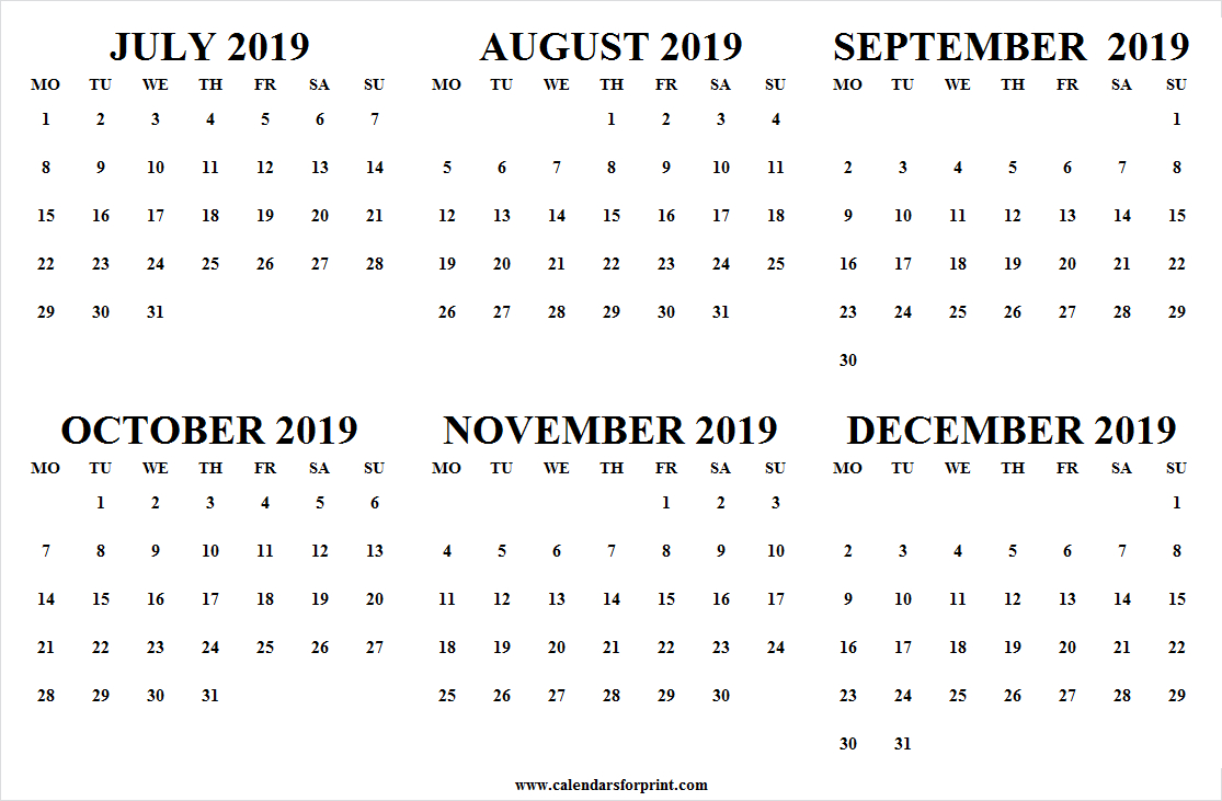 Monthly July December 2019 Calendar | Fillable 2019 Calendar