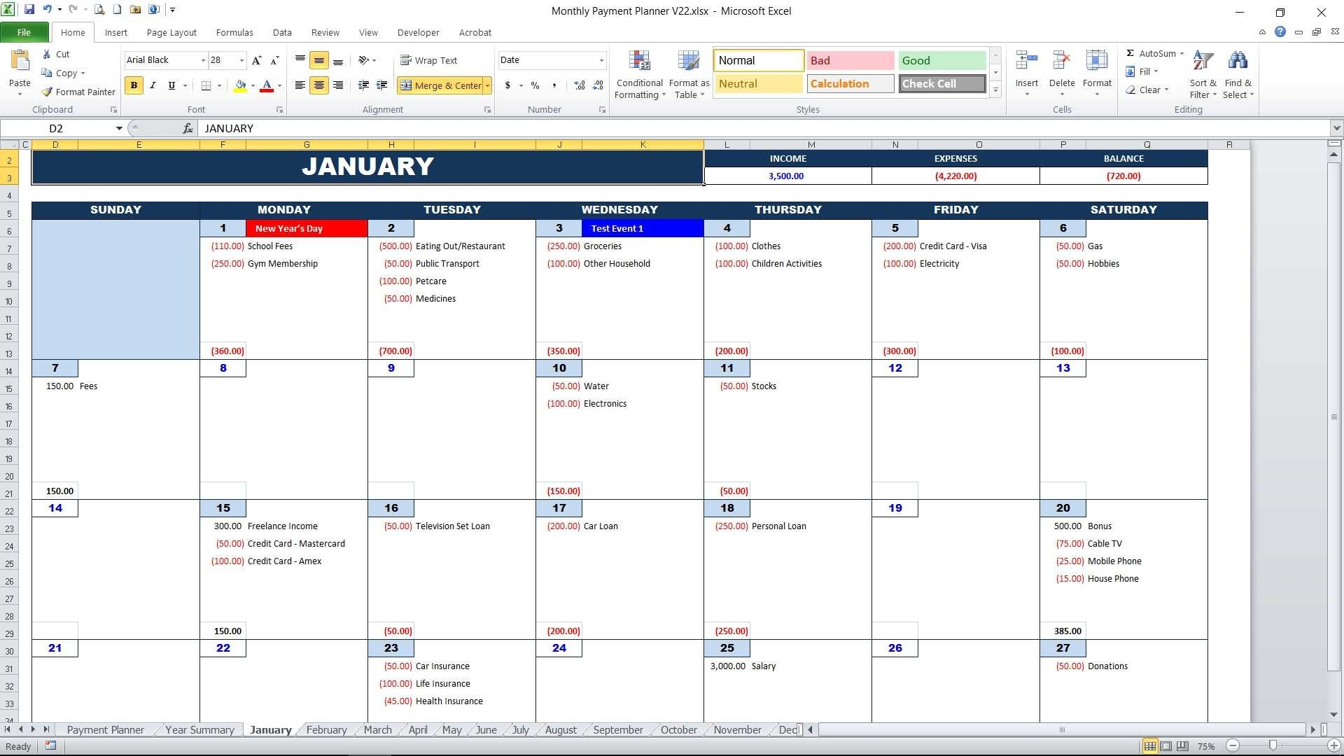 Monthly Payment Planner Calendar View2 With Monthly Bill