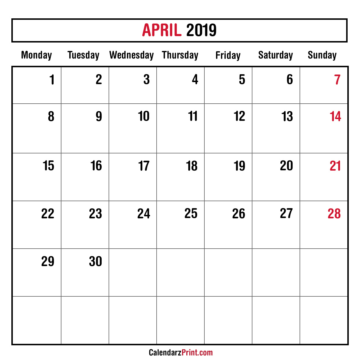 Monthly Planner April 2019 – Printable – Monthly Calendar