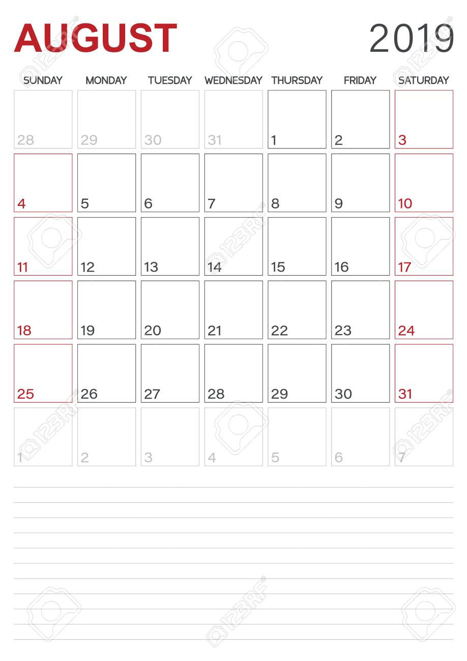 Monthly Planner Calendar August 2019, Week Starts On Sunday,..