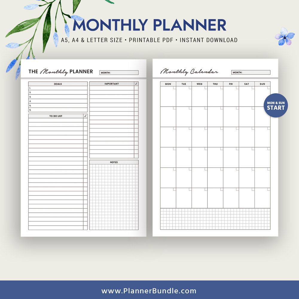 Monthly Planner, Monthly Calendar, 2019 Planner, A5, A4, Letter Size,  Printable Planner, Binder, Instant Download, Planner Pages, Planner Design,  Best