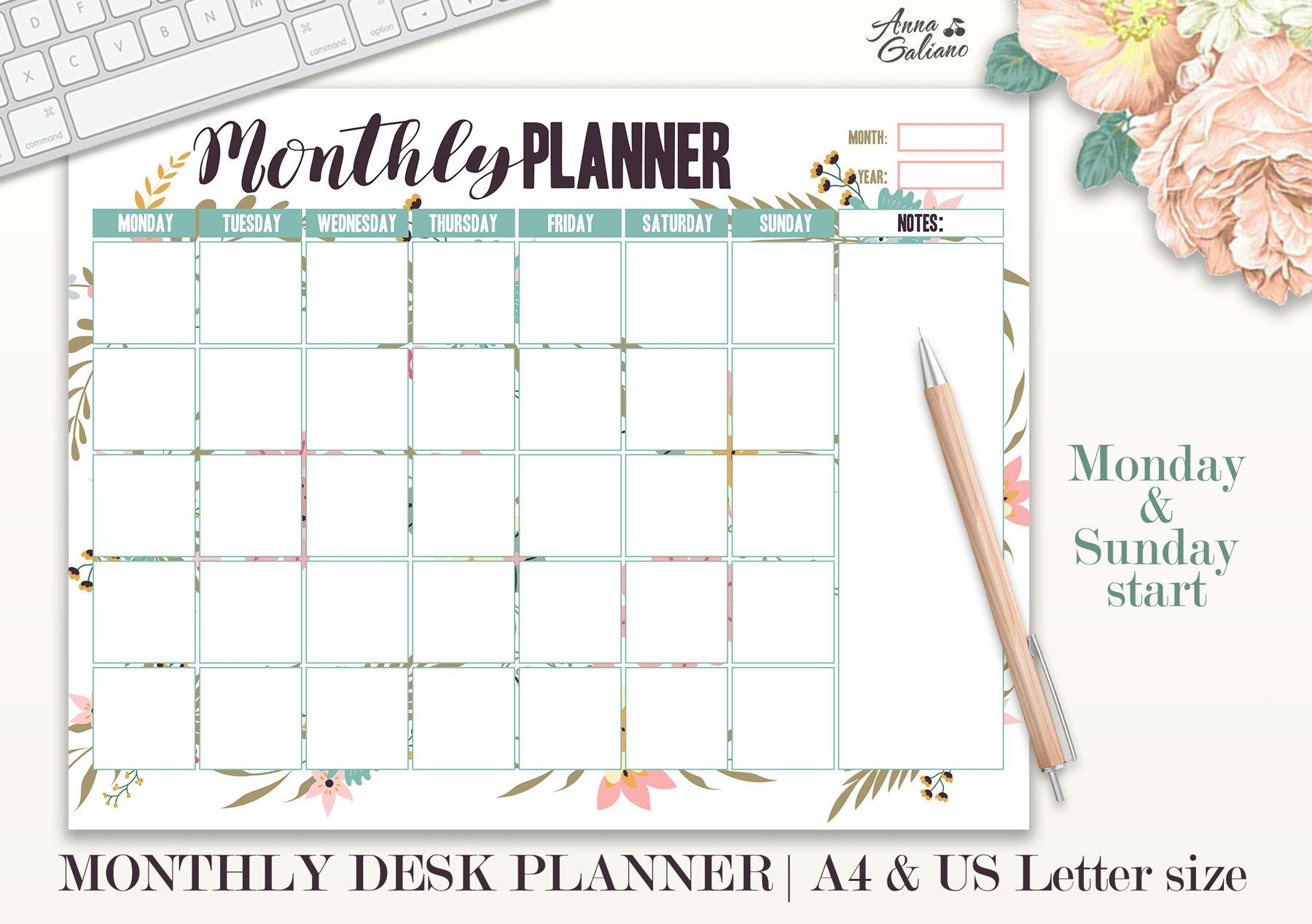 Monday To Sunday Monthly Planners Example Calendar Printable