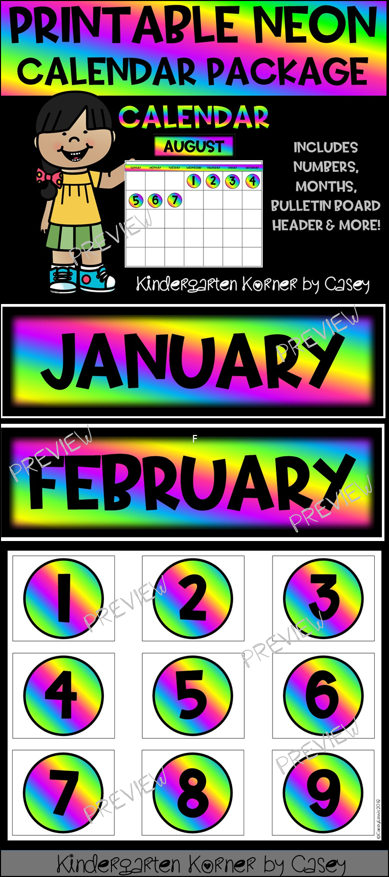 Neon Printable Calendar Set- Months Numbers 1 To 31 Bulletin